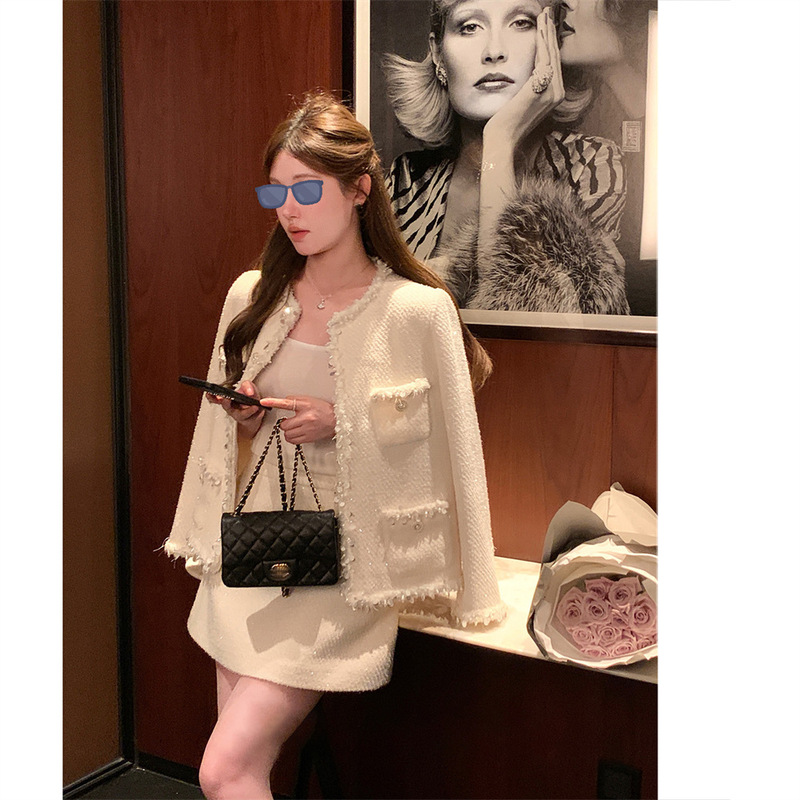杨小卷 手工花边 质感粗花呢小香风套装白色外套清冷富家千金穿搭|undefined