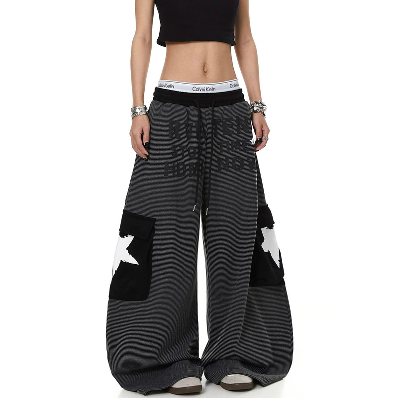 Amazon American-style color-blocked letter and star print striped curved sweatpants for men and women, loose and casual wide-leg pants Amazon American-style color-blocked letter and star print striped curved sweatpants for men and women, loose and casual wide-leg pants