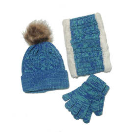 跨境欧美儿童针织帽子围巾手套三件套混纺保暖帽子毛线帽套装小孩