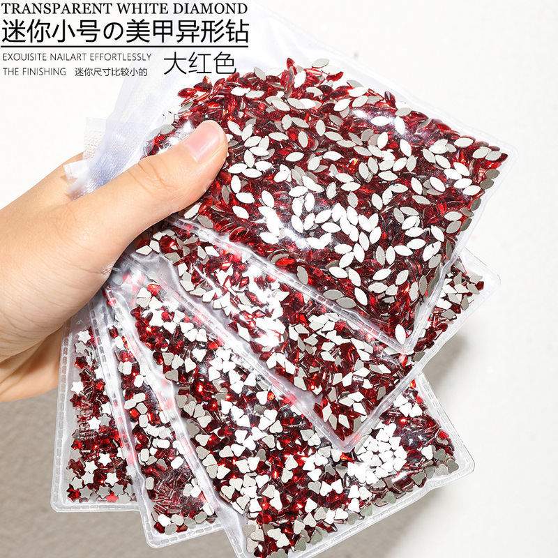 Internet Celebrity New Year's Mini Size Big Red Flats-Bottomed Special-Shaped Diamond Bridal Manicure Super Flash Rhinestone Nail Decorations