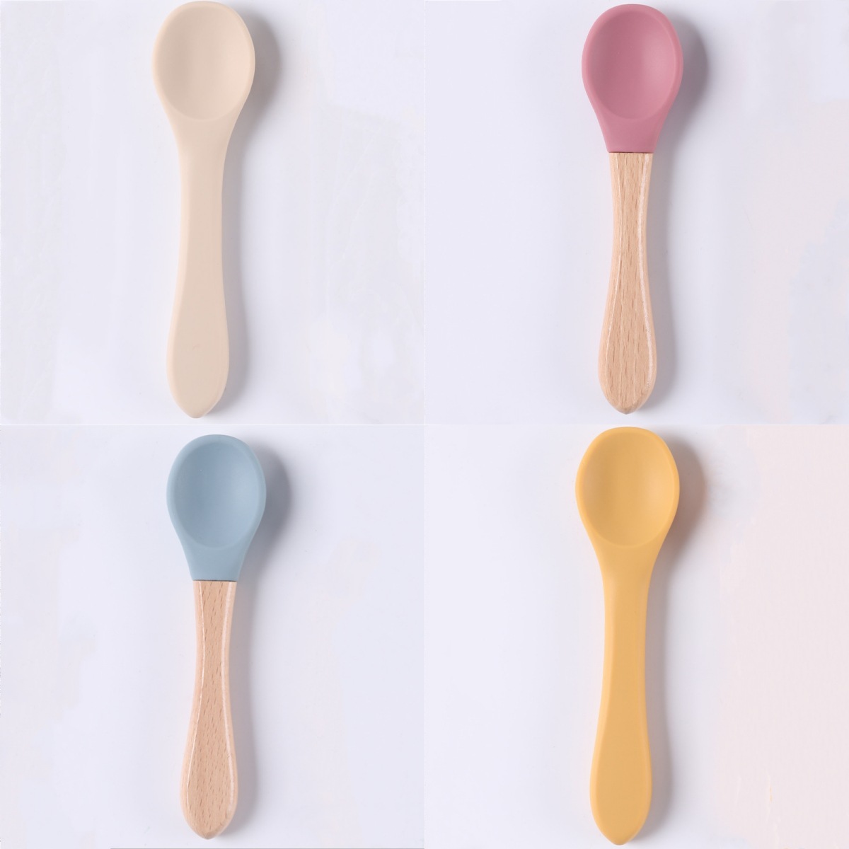 Baby Silicone Spoon Newborn Baby Feeding Milk Rice Noodle Small Spoon Wooden Handle Spoon Children's Food Supplementary Food Soft Head Spoon