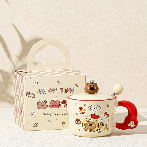 Red bear (Sweet style) cup + lid + spoon + gift box