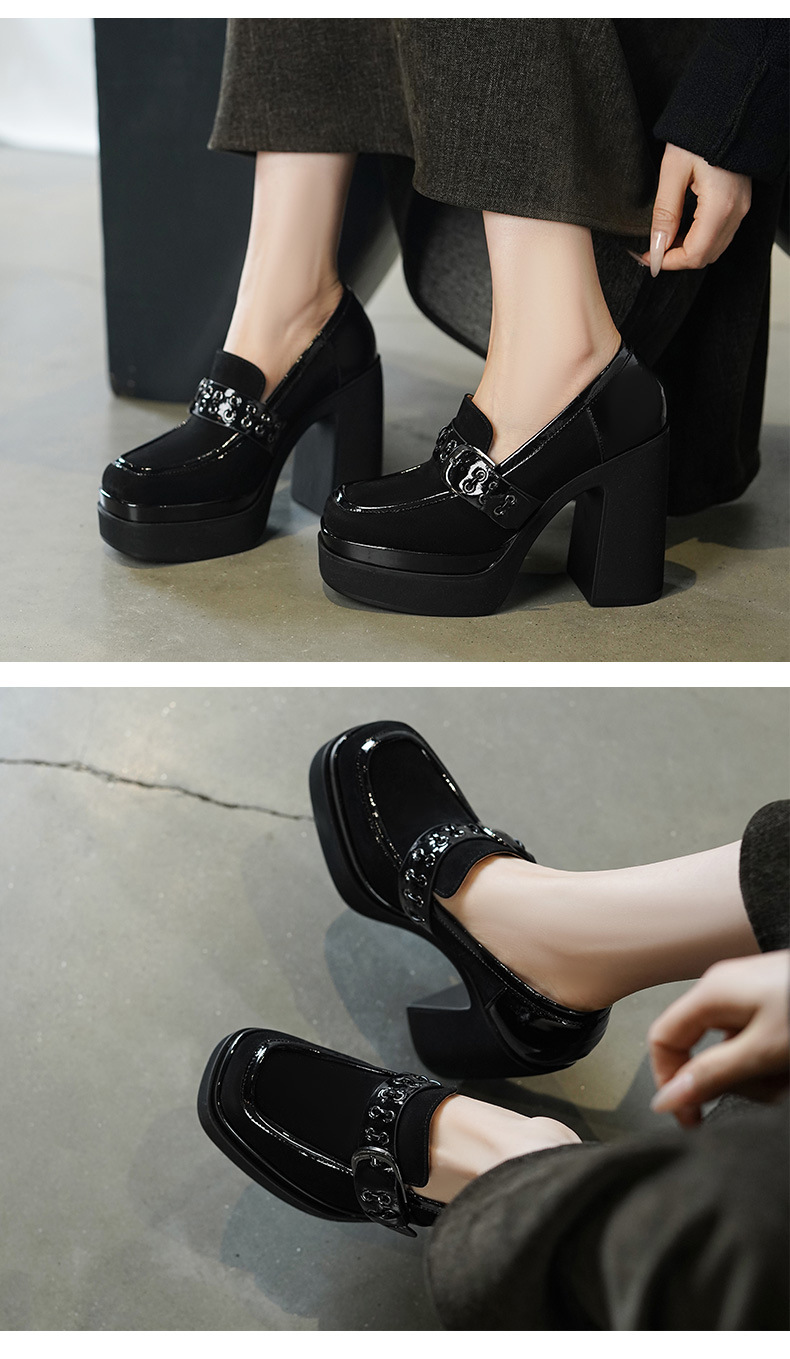 Giày loafer nữ gót vuông cao 12 cm, đế dày, khóa kim loại, phối màu — màu nâu, màu đen chi tiết 6