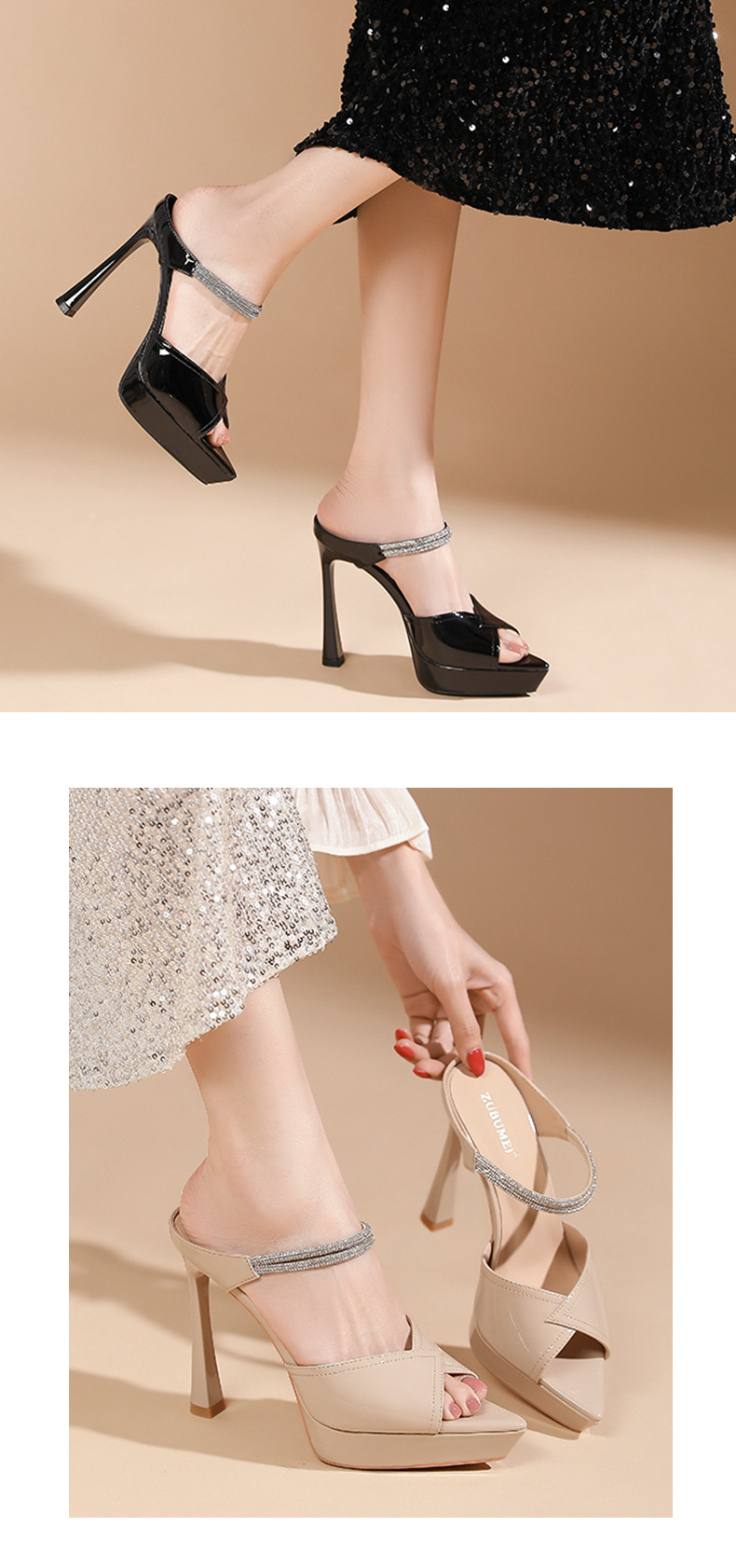 Sandal cao gót nữ mũi nhọn hở mũi đế platform gót 12 cm đính đá pha lê — Màu da-12cm chi tiết 5