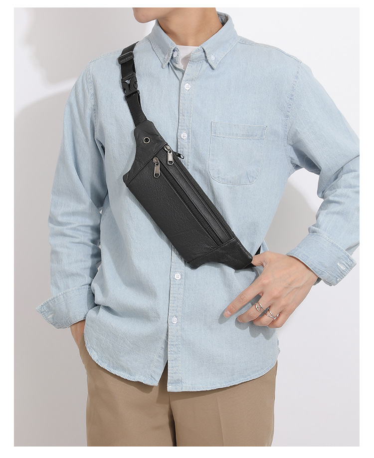 94g Weight Polyester Lining Material Sewing Thread Fashion Element Zipper Closure Type Sling Strap Strap Type Fanny Pack Bags Type Casual Occasion Genuine leather Material Solid Color Pattern All Seasons Season Men's Gender Streetwear Style Square Shape Men's Streetwear Solid Color Genuine Leather Men's Waist Bags 8