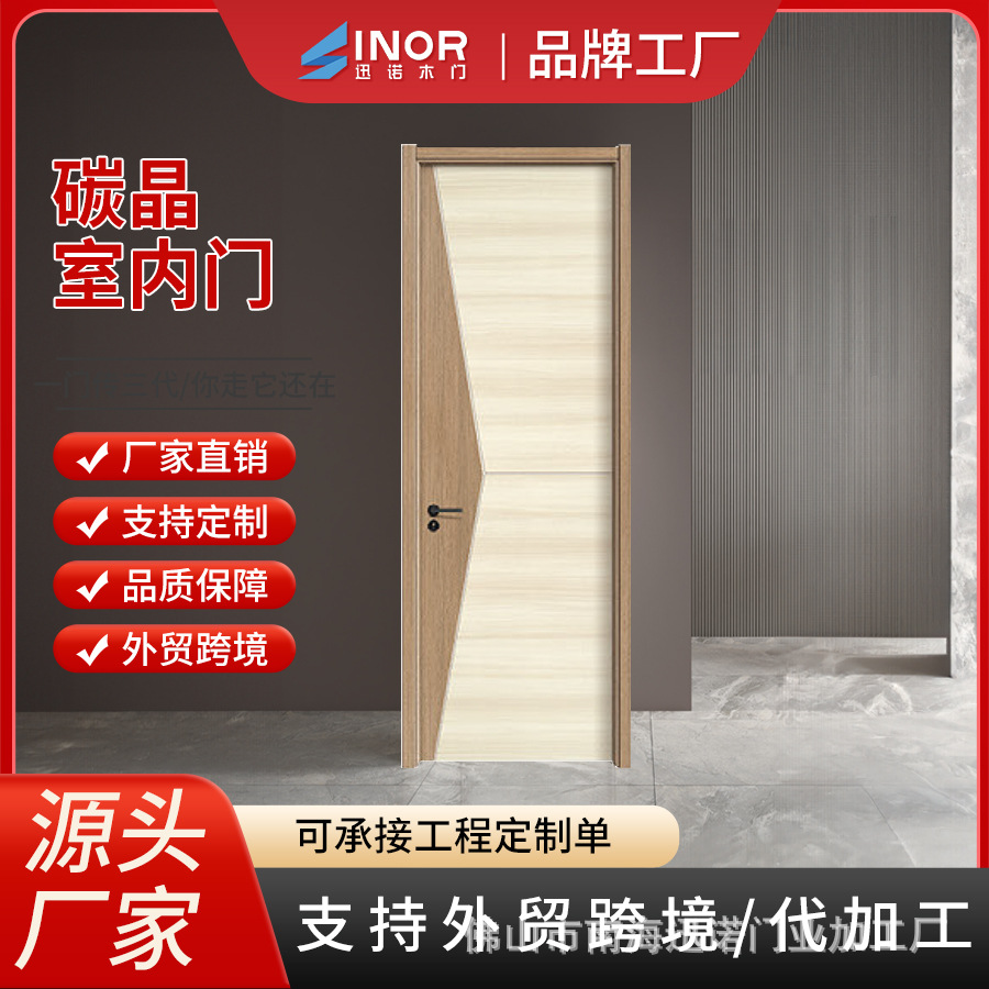 Fuente fábrica de cristal de carbono puerta de dormitorio baño sin pintura puerta de aislamiento acústico ecológico sala abierta plana puerta interior compuesta de madera sólida image 4