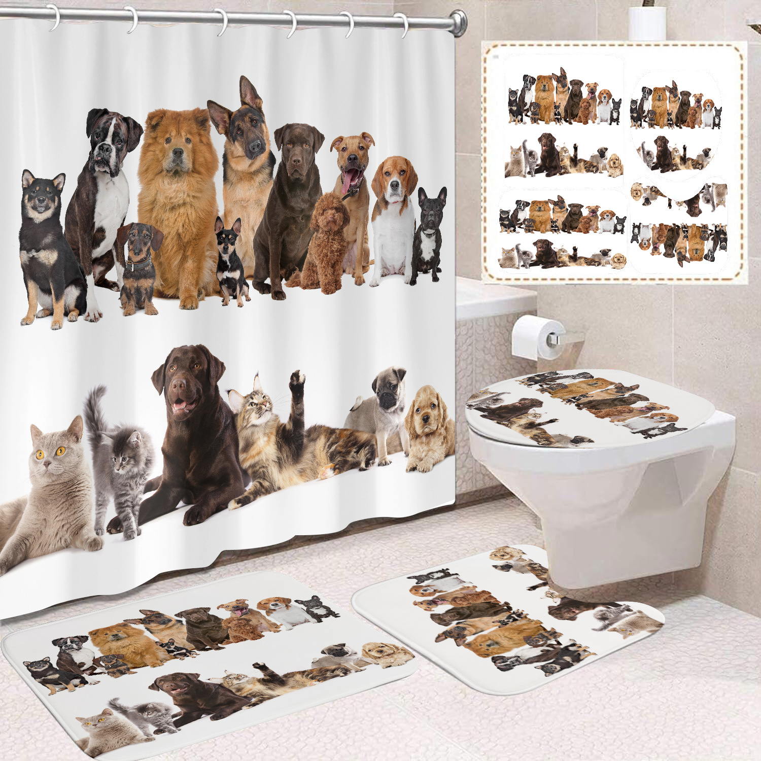 Fuente de fabricantes Amazon animales gatos niños cortina de ducha impermeable a prueba de moho cortina de ducha inodoro partición de baño divertido