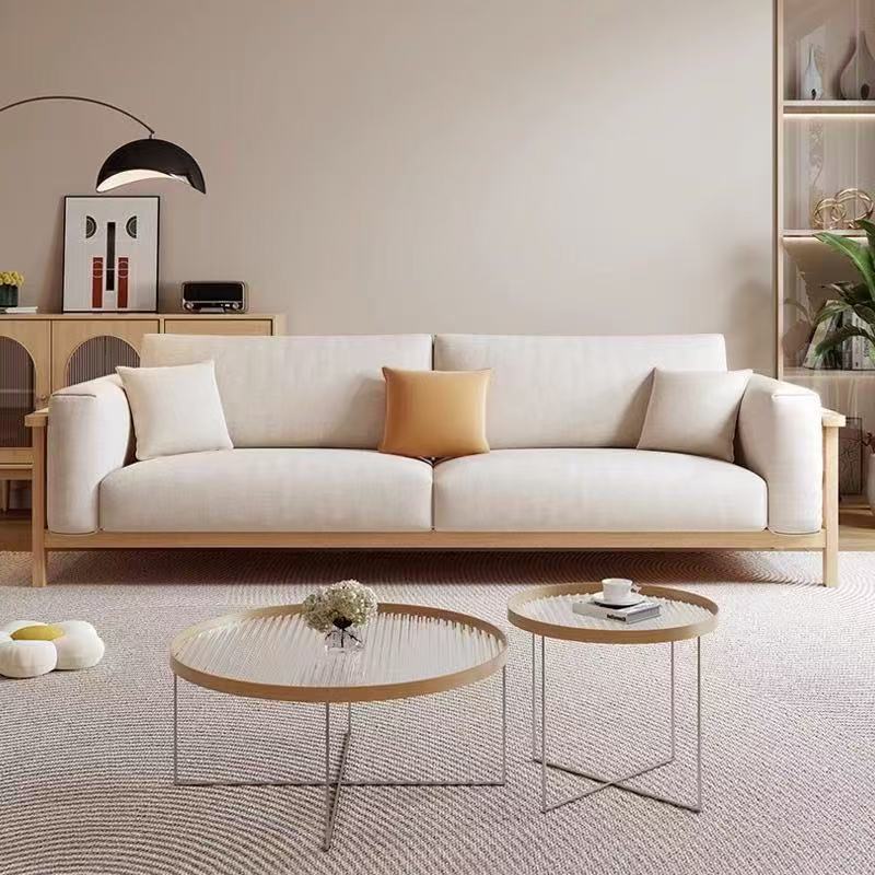 Japanese-Style Fabric Sofa with Natural Wood Cat Paw Design for Small Apartments, Nordic Solid Wood Three-Seater Home Straight Sofa