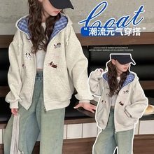 女童春秋薄款外套2025新款春季中大童韩版休闲小女孩格子连帽卫衣