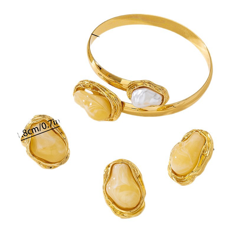 European And American Cross-Border Fashion Simple Bohemian Style Geometric Pearl Adjustable Open Bracelet Ring Set_voghion.com