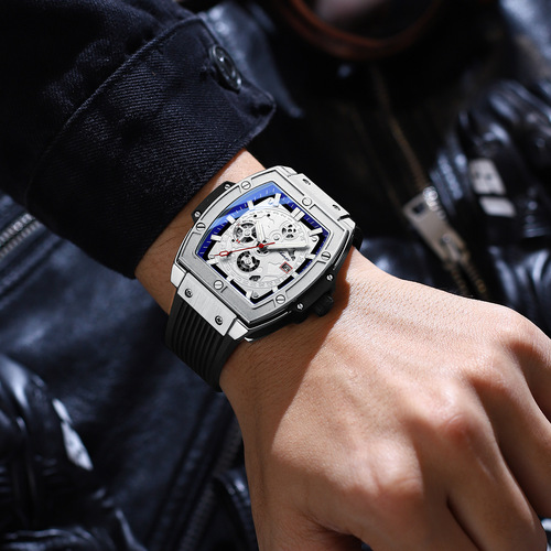 Bucket Square Rivets Trendy and Cool High-end Men's Watch Dawn New Calendar Waterproof Luminous Silicone Band Quartz Watch