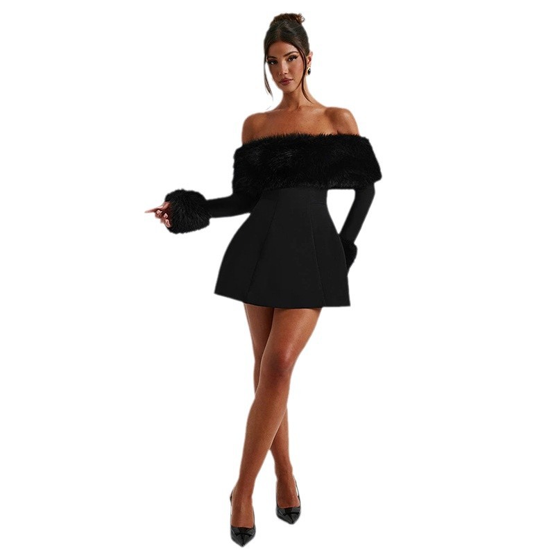 Europa y los Estados Unidos 2024 otoño y invierno nueva moda de mujer transfronteriza temperamento de moda sexy cuello de pelo hombro delgado vestido en forma de A