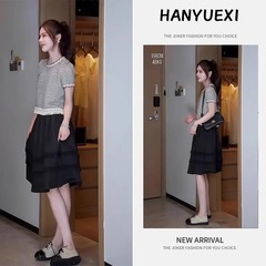 女性用サマースーツ、高級レトロストライプ半袖トップス、スリム、ハイウエストAラインスカート2点セット