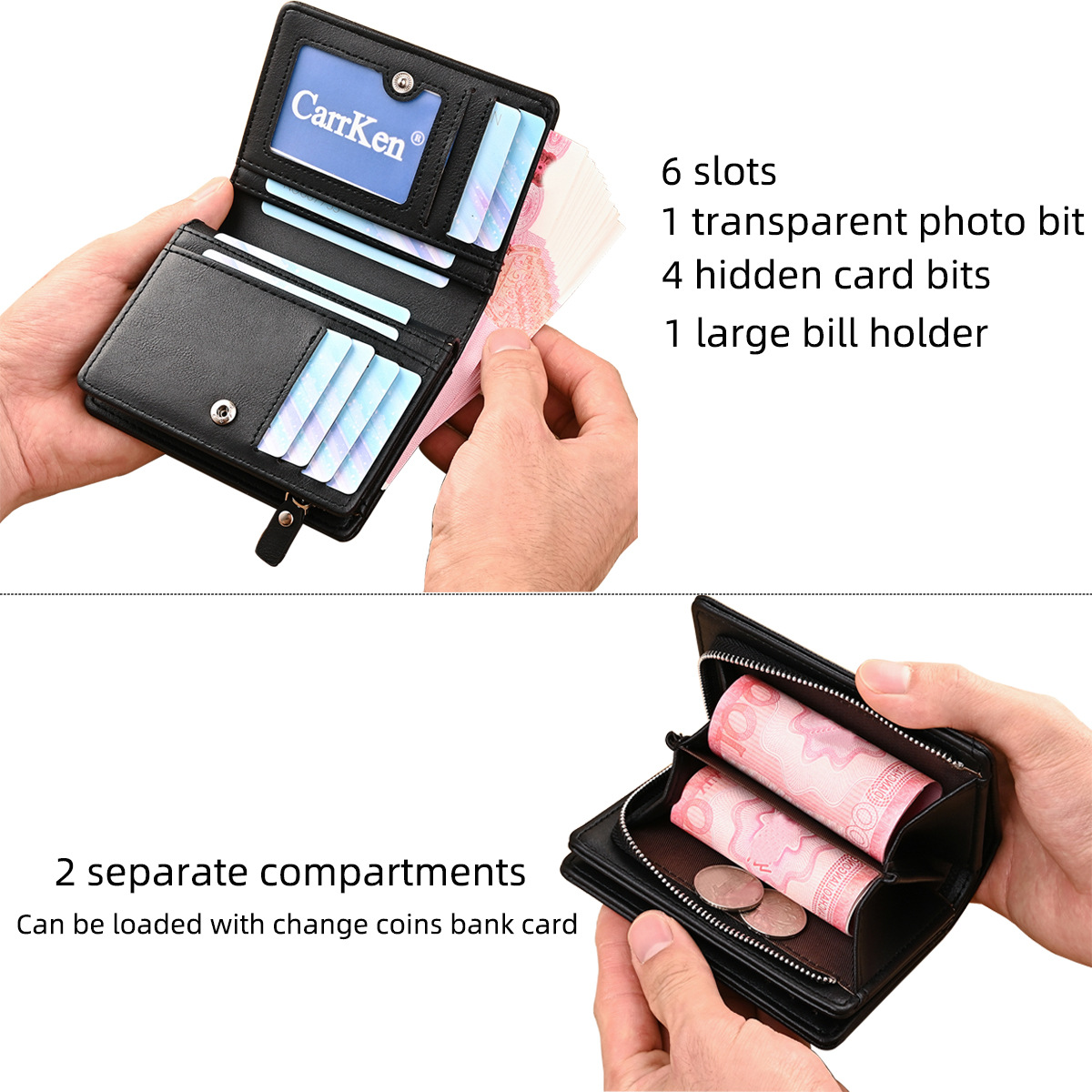 Cartera corta para hombre con cremallera, anti-desmagnetización