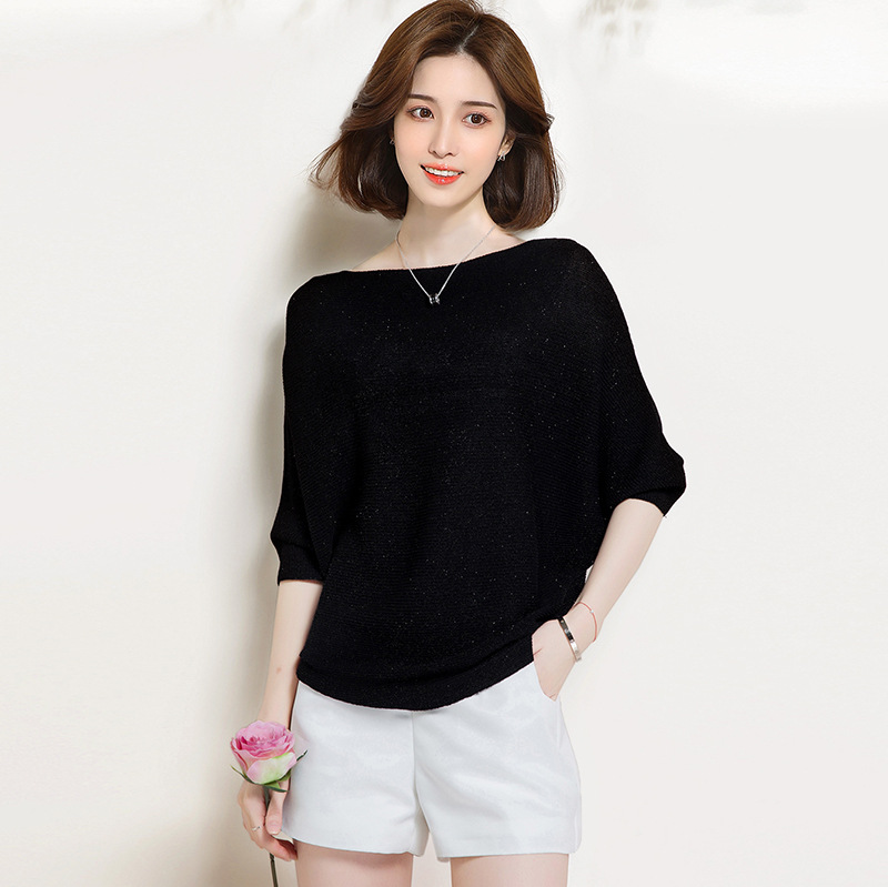 七彩冰丝短袖t恤女2023年新款春夏薄款蝙蝠袖针织衫女一字领上衣