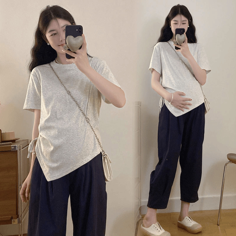 Summer Maternity Wear, Loose Elastic Top, Drawstring, Irregular Design T-Shirt, Casual Age-Reducing Short-Sleeved Bottoming Shirt