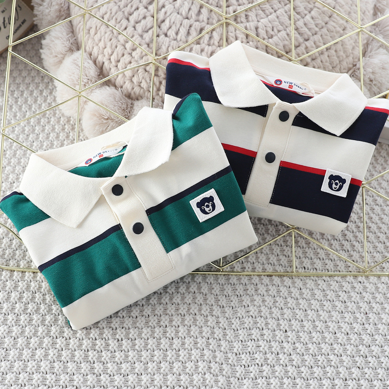 Bear Cub's 2024 New Spring and Autumn Children's Striped Polo Shirt, Fashionable Long Sleeve, Medium-Large, Color-Blocked Top, Turn-Down Collar