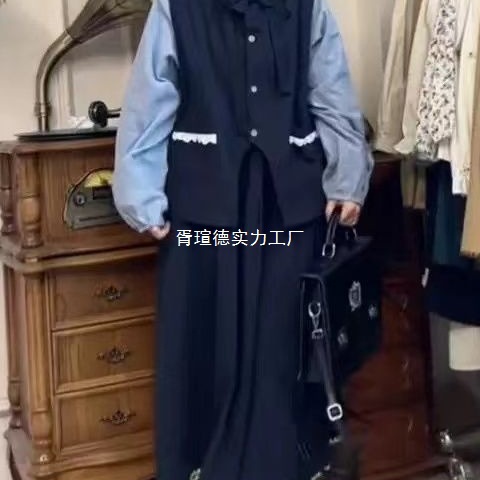 日系软妹森系简约马甲女学生秋复古半身裙休闲衬衫套装纯色印染