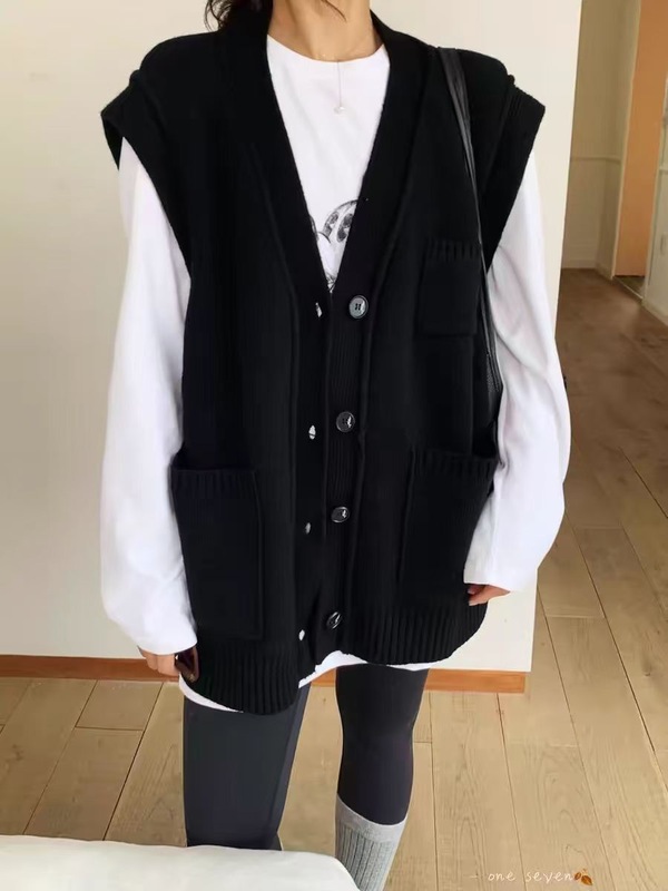 日韩休闲慵懒风纯色口袋毛衣开衫马甲外套女秋冬叠穿v领针织外搭|undefined