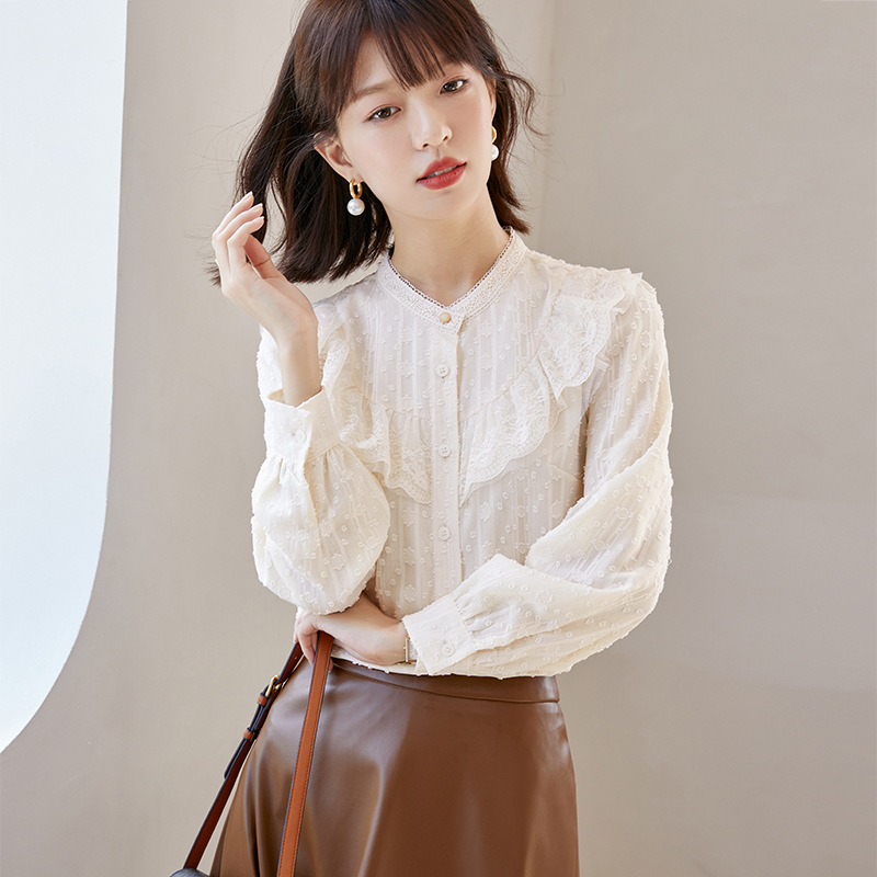 哥家商场同款女装2025秋季荷叶边长袖内搭上衣法式蕾丝设计感衬衫|undefined