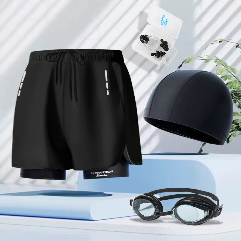 Black trousers, waterproof swimming cap, nose clip, earplugs