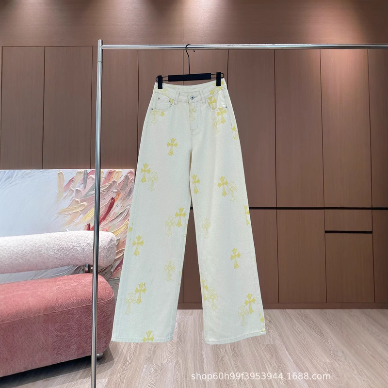 25春季新款小众设计潮牌印花十字架高腰直筒牛仔裤女款|undefined