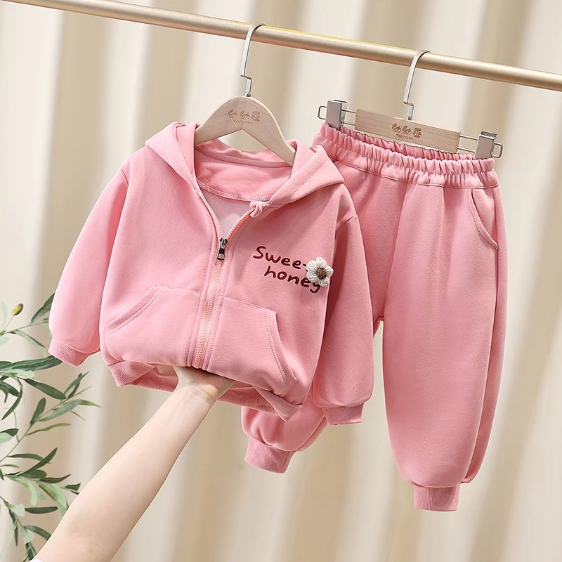 Girls' Casual Suit Set, Spring/Autumn 2025 New Style, Pink, Hooded, Fashionable and Stylish Two-Piece Set for Baby Girls