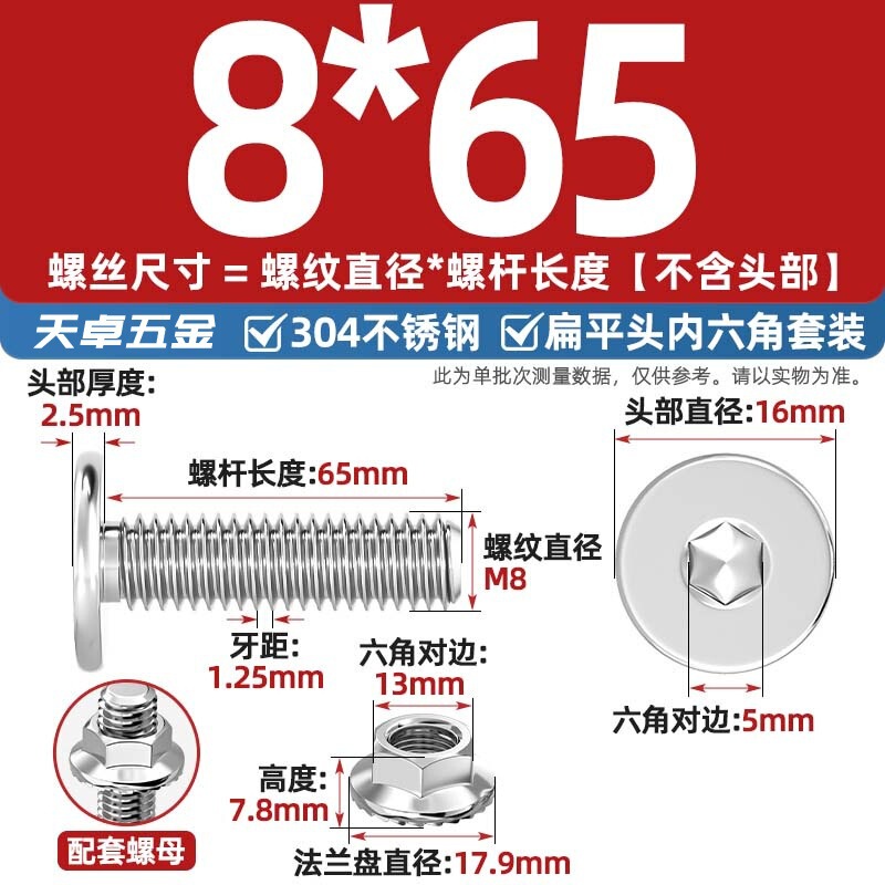 304不锈钢CM大平头超薄头C头扁平头内六角螺丝钉法兰边螺母套装M5|undefined