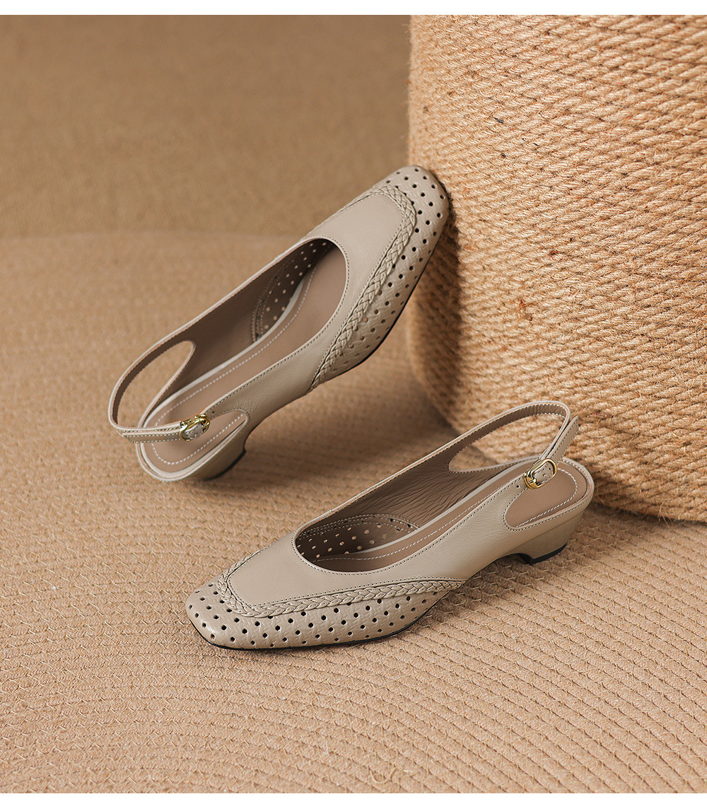 Sandal nữ gót thấp 3.5cm da cừu dệt mũi vuông kiểu Pháp quai một dây — đen chi tiết 22