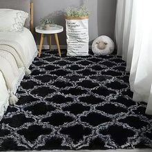 跨境 丝毛扎染印花地毯ins长毛黑白格子床边毯客厅毛绒地毯可代发