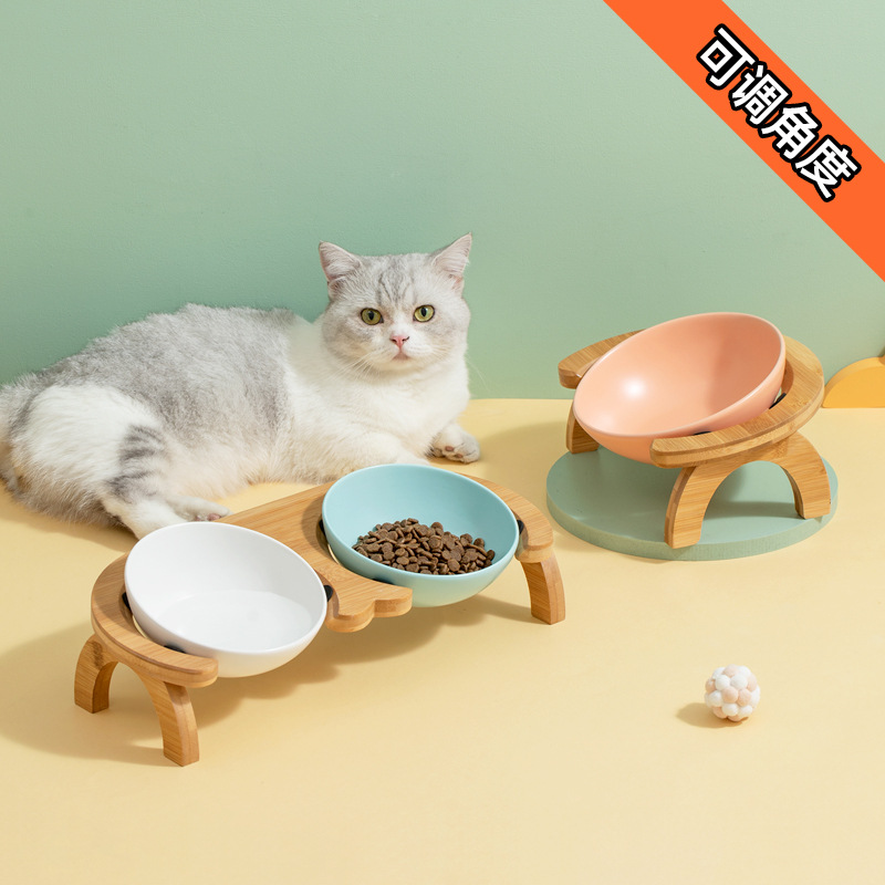 Tazón de gato de cerámica tazón de comida para gatos tazón de cerámica tazón de fuente de perro tazón de bebida doble tazón de protección columna cervical ángulo ajustable