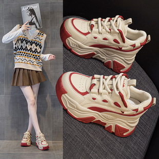 2024 Autumn New Style Height-Increasing Korean Version Color-Block Dad Shoes Thick-Soled Wedge Casual Sports Shoes Student Shoes Women's Shoes