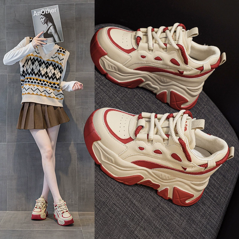 Женские повседневные спортивные туфли на танкетке с увеличенной высотой, в корейском стиле, с цветными блоками, на толстой подошве, осенняя новинка 2024 года, для студентов