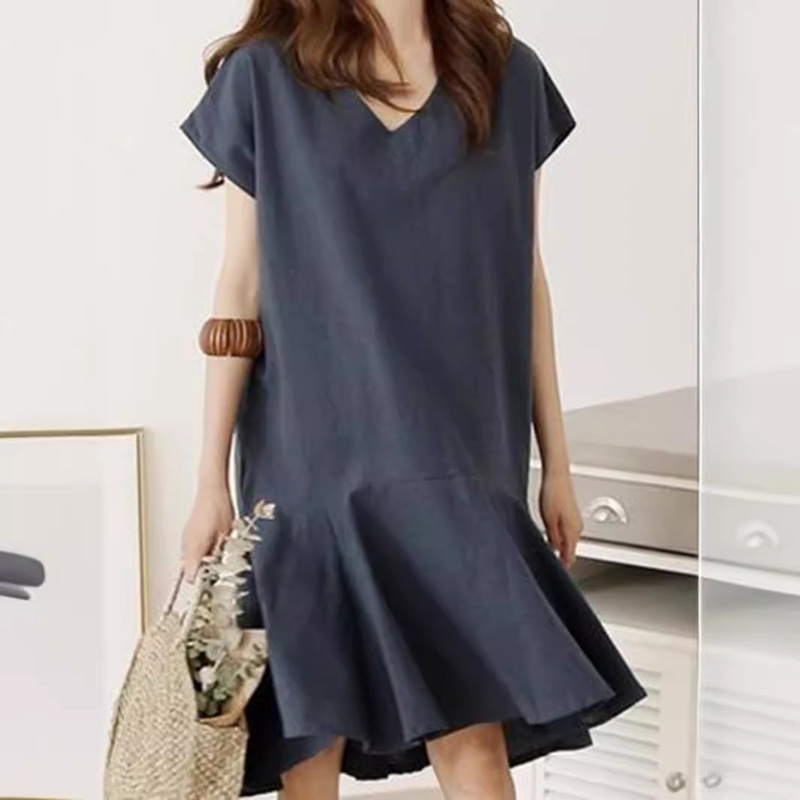 2024 Japanese and Korean Style Summer Cotton Lightweight V-Neck Wide Hem Dress, Slimming, Fashionable, Short-Sleeved, Sweet and Fresh