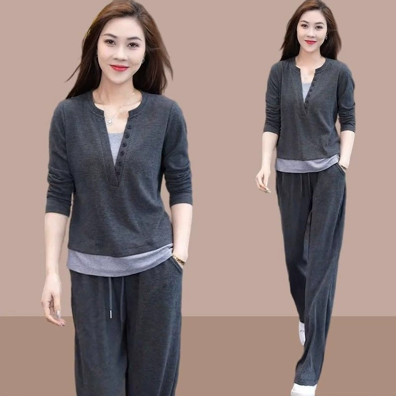 2024 весна и осень новый женский повседневный спортивный набор поддельные два топа тонкий, тонкие широкие брюки, набор из двух частей