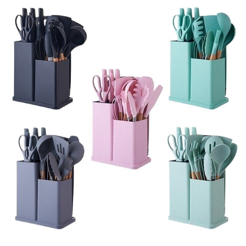 Juego de utensilios de cocina de silicona transfronteriza de 19 piezas de madera antiadherente con mango de madera, combinación de herramientas de acero inoxidable con cubo de almacenamiento, juego de herramientas