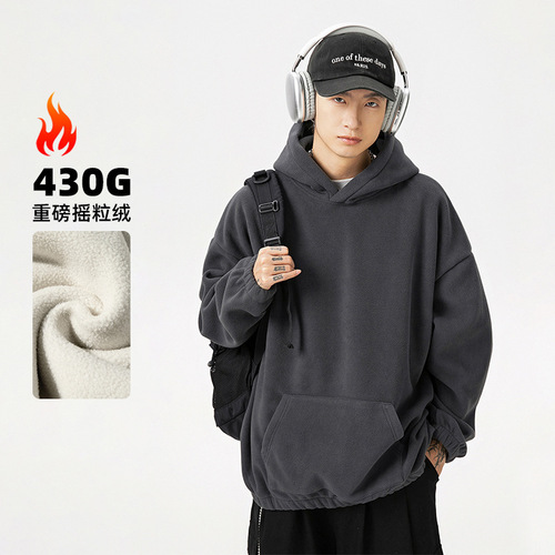 Thickened Plush Fleece Hooded Sweatshirt for Men - Spring Edition - Heavyweight Texture - Solid Color - Basic Model - Trendy Brand Hooded Sweatshirt and Outerwear