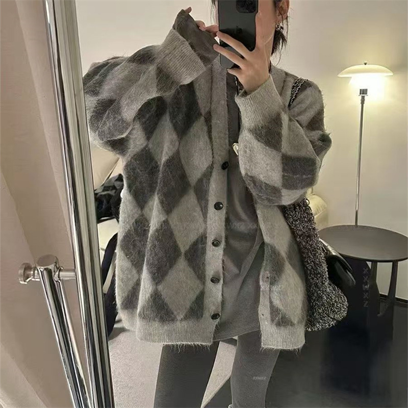 韩系撞色菱格软糯毛衣开衫外套女秋冬慵懒风宽松大码针织衫上衣女|undefined