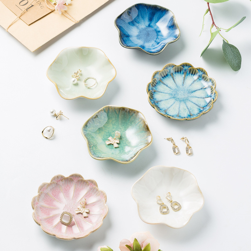 Ins Ceramic Jewelry Tray Storage Plate Creative Lotus Leaf Dish Home Decoration Foreign Trade Decoration Tray Kiln Flavor Dish
