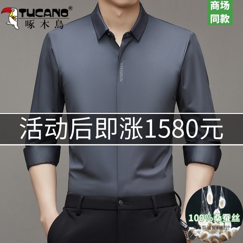 Woodpecker Classy Mulberry Silk Spring and Autum Men's Anti-Wrinkle Pure Color Seamless No-Iron Shirt Silky Elastic Shirt for Men