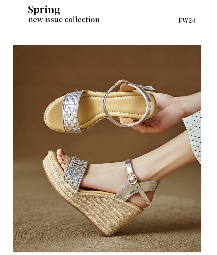 Sandal cao gót nữ quai ngang đan bện màu vàng bạc, đế xuồng đan rơm, gót 9 cm — màu vàng, bạc chi tiết 10