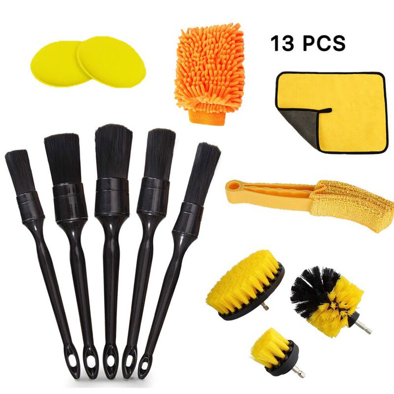 2021 Amazon 13-piece cleaning brush yellow suit car detail drill brush gloves towel