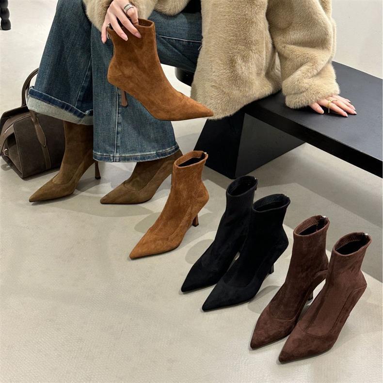 High-Heeled Short Boots with Pointed Toe, Brown Suede Slim Boots for Women, 2026 New Autumn and Winter Style, French-Style Ankle Boots with Added Fleece High-Heeled Short Boots with Pointed Toe, Brown Suede Slim Boots for Women, 2026 New Autumn and Winter Style, French-Style Ankle Boots with Added Fleece