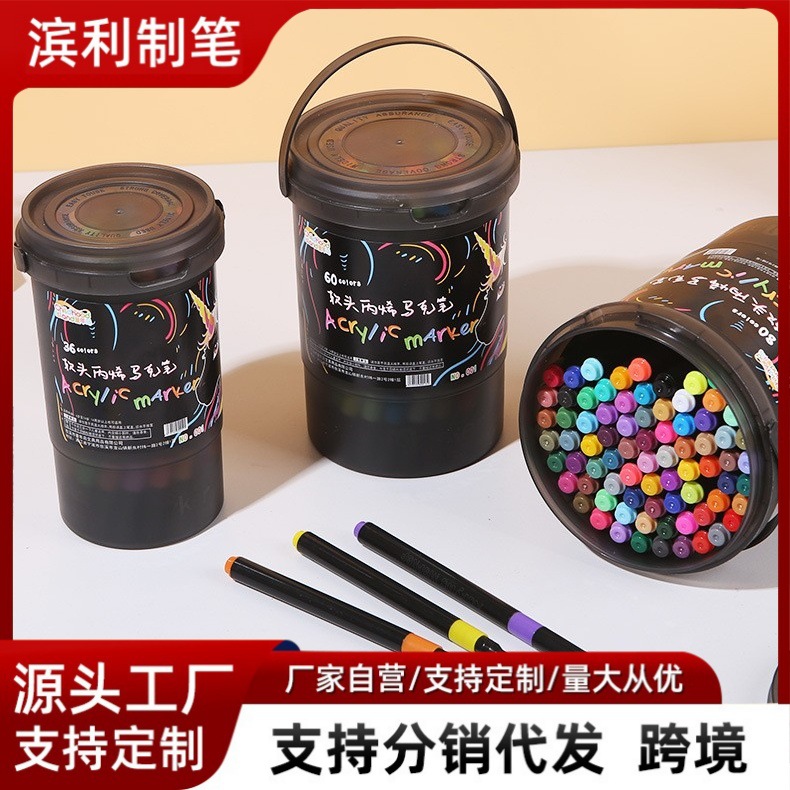 Bucket-packed soft-tip black acrylic markers, non-bleed, layerable colors, quick-drying, washable art pens for children's drawing