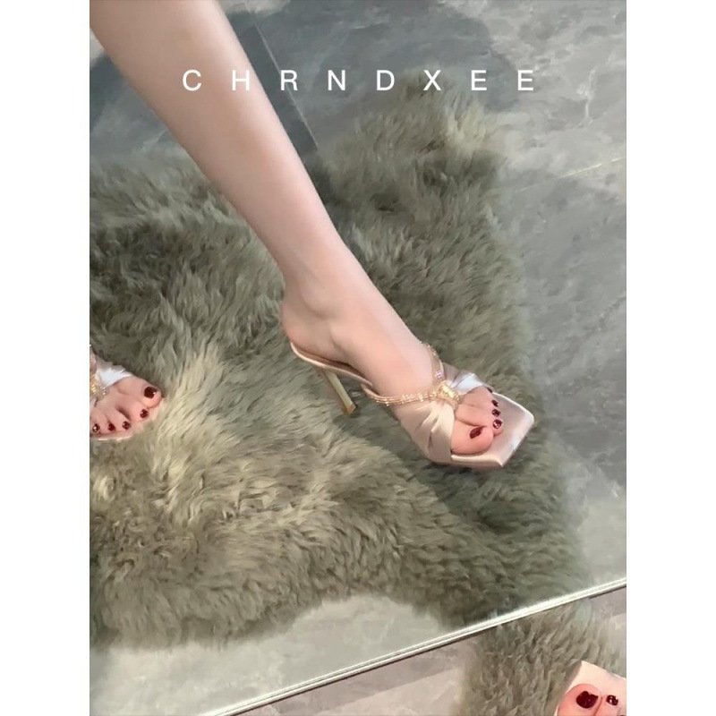 Sheepskin Version~French-Style Exquisite Satin Open-Toe High-Heeled Shoes for Women, New Summer Outdoor Wear, Satin Rhinestone Stiletto Sandals