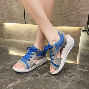 2023 new cross-border plus size wedge peep toe shoes sandals women's shoes European and American style outer wear lace-up platform sandals