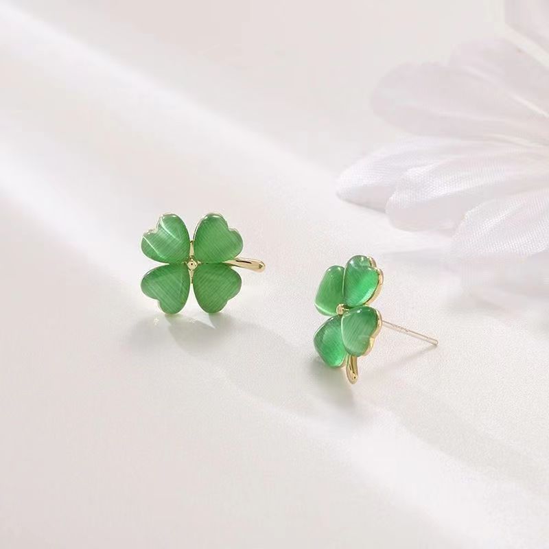 20g Weight Cat's Eye Stone Inlay Material 1 Pair Sweet Leaf Flower Inlay Alloy Cat's Eye Stone Ear Studs