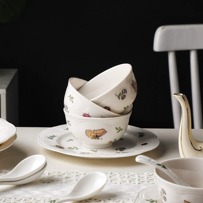 Retro Ceramic Tableware Set, Floral Dinner Plates & Bowls, Multi-Size Home Dining Kit