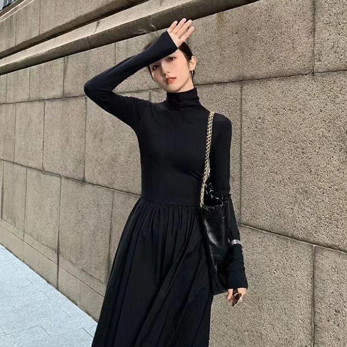 高级感赫本洋气连衣裙女2025秋季新款韩版显瘦过膝打底内搭长裙子|undefined