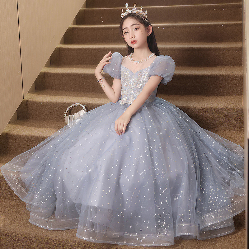 Blue Children's Dress Princess Dress 2026 Stylish Poetry Recitation Little Host Piano Performance Catwalk Dress